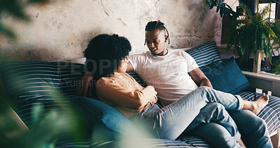 Buy stock photo Home, relax and couple on couch, conversation or bonding together with relationship. Romance, man or woman on sofa, marriage or trust with afternoon break, calm or talking with love or care in lounge