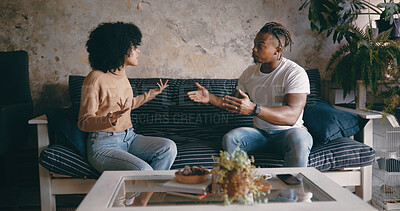 Buy stock photo Home, angry and couple on sofa, argument and fighting with toxic relationship, divorce and cheating. Conflict, man and black woman with breakup, talking or frustrated with disagreement and unhappy