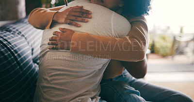 Buy stock photo House, hug and couple on couch, love and bonding together with support, trust and relationship. Apartment, man and woman with care, empathy or compassion with embrace, marriage or calm in living room