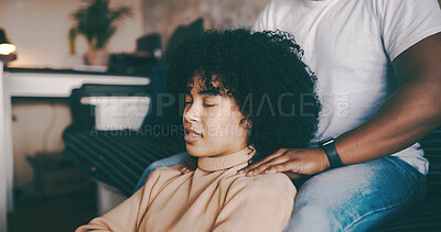 Buy stock photo Calm woman, relax and shoulder with massage for bonding, pamper or valentines day in home. Female person, couple or man helping with muscle tension for anniversary, date or stress relief in house