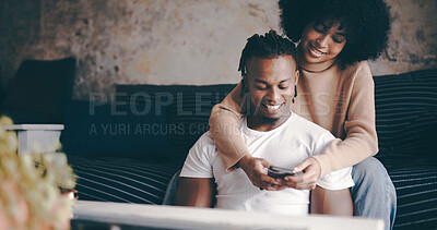 Buy stock photo Happy, couple and relax with phone on sofa for internet browsing, social media or weekend break. Space, hug and african people with smartphone in home for watching online videos, bonding or streaming
