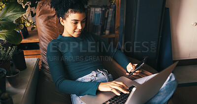 Buy stock photo Woman, typing and laptop in home with phone for remote work application, hiring opportunity and research. Person, browse and computer in house for freelance job vacancy, email and career development.