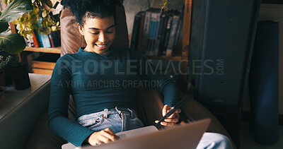 Buy stock photo Woman, research and laptop in home with phone for remote work application, hiring opportunity or website. Person, browse and computer in house for freelance job vacancy, email and career development.