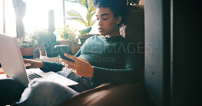 Buy stock photo Woman, reading or laptop in home with phone for remote work application, hiring opportunity or website. Black person, research and tech in house for freelance job vacancy, email or career development