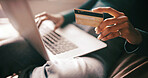 Hands, credit card and laptop on sofa for e commerce, easy payment or transaction in home. Person, computer and digital banking with fintech, bills or financial freedom for online shopping at house