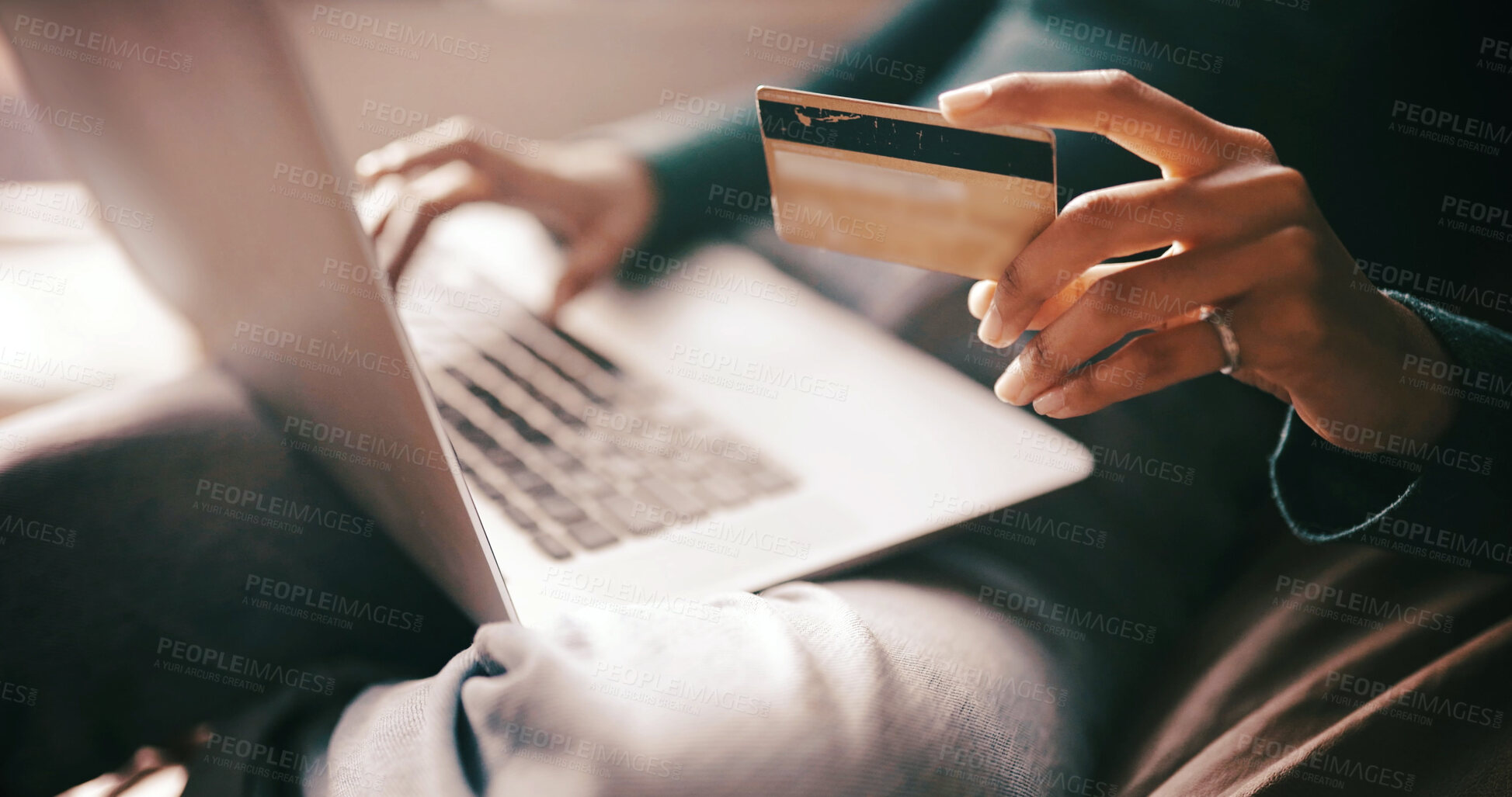 Buy stock photo Hands, credit card and laptop on sofa for e commerce, easy payment or transaction in home. Person, computer and digital banking with fintech, bills or financial freedom for online shopping at house