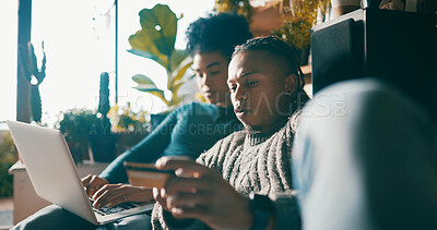 Buy stock photo Couple, credit card and laptop on sofa for online shopping, typing and easy payment in living room. Black people, digital banking and computer for, budget, financial freedom and e commerce at house