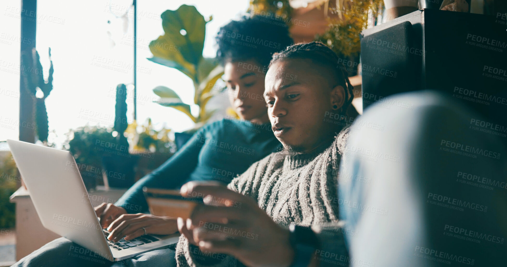 Buy stock photo Couple, credit card and laptop on sofa for online shopping, typing and easy payment in living room. Black people, digital banking and computer for, budget, financial freedom and e commerce at house
