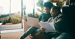 African couple, finance paperwork and laptop in home, talk or budget review in living room. People, insight and discussion with computer, planning or feedback with asset management documents in house