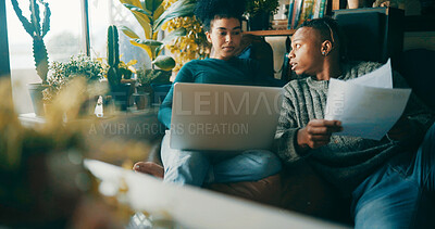 Buy stock photo African couple, paperwork and laptop for budget in home, talk or finance review in living room. People, insight and discussion with computer, planning or feedback with asset management at apartment