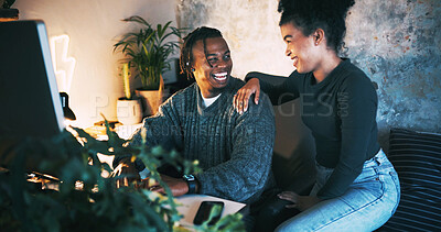Buy stock photo Night, couple and smile in home with computer for planning vacation, trip research and bonding together. Evening, woman and man in relationship with pc, conversation and browsing holiday destination.