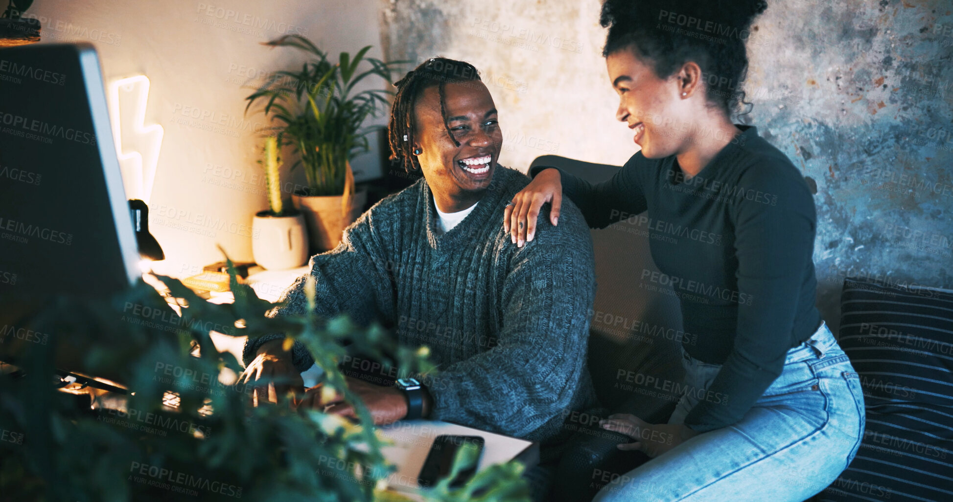Buy stock photo Night, couple and smile in home with computer for planning vacation, trip research and bonding together. Evening, woman and man in relationship with pc, conversation and browsing holiday destination.