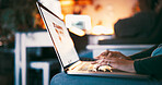 Night, woman and hands in home with laptop for marketing campaign planning, remote work or report. Evening, person and typing email in apartment with computer, freelance advertising research or idea.