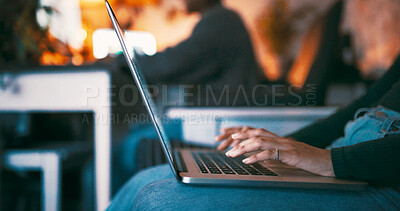 Buy stock photo Night, woman and hands in house with laptop for marketing campaign planning, remote work or report. Evening, person or coworking in home with computer, typing email or freelance advertising research.