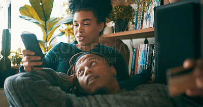 Buy stock photo Couple, phone and online shopping in home for payment, internet banking or purchase with credit card. Mobile, man and woman in living room with debit for digital money, fintech and ecommerce budget