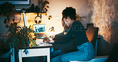 Buy stock photo Phone, happy and couple in home at night with communication, contact or networking on mobile app. Bonding, cellphone and man with woman for texting online together for connectivity in apartment.