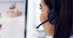 Headset, contact us and woman at call center for help, financial advice and loan feedback. Hotline, consultant and profile of person with mic for assistance with banking query, crm and support