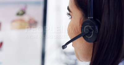 Buy stock photo Headset, contact us and woman at call center for help, financial advice and loan feedback. Hotline, consultant and profile of person with mic for assistance with banking query, crm and support