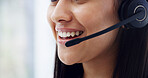 Headset, mouth and happy woman at call center for help, financial advice and loan feedback. Hotline, consultant and lips of person with mic for assistance with banking inquiry, support and space