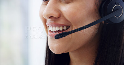Buy stock photo Headset, mouth and happy woman at call center for help, financial advice and loan feedback. Hotline, consultant and lips of person with mic for assistance with banking inquiry, support and space