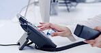 Phone call, dial or hands in office with telephone, contact us or communication on help desk. Corporate, crm or receptionist in agency with tech, client chat or response management as secretary
