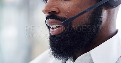 Buy stock photo Lips, telemarketing and black man at call center for feedback, coverage or lead generation. Tech, consultant and mouth of person with headset for outbound communication, telesales or insurance sales