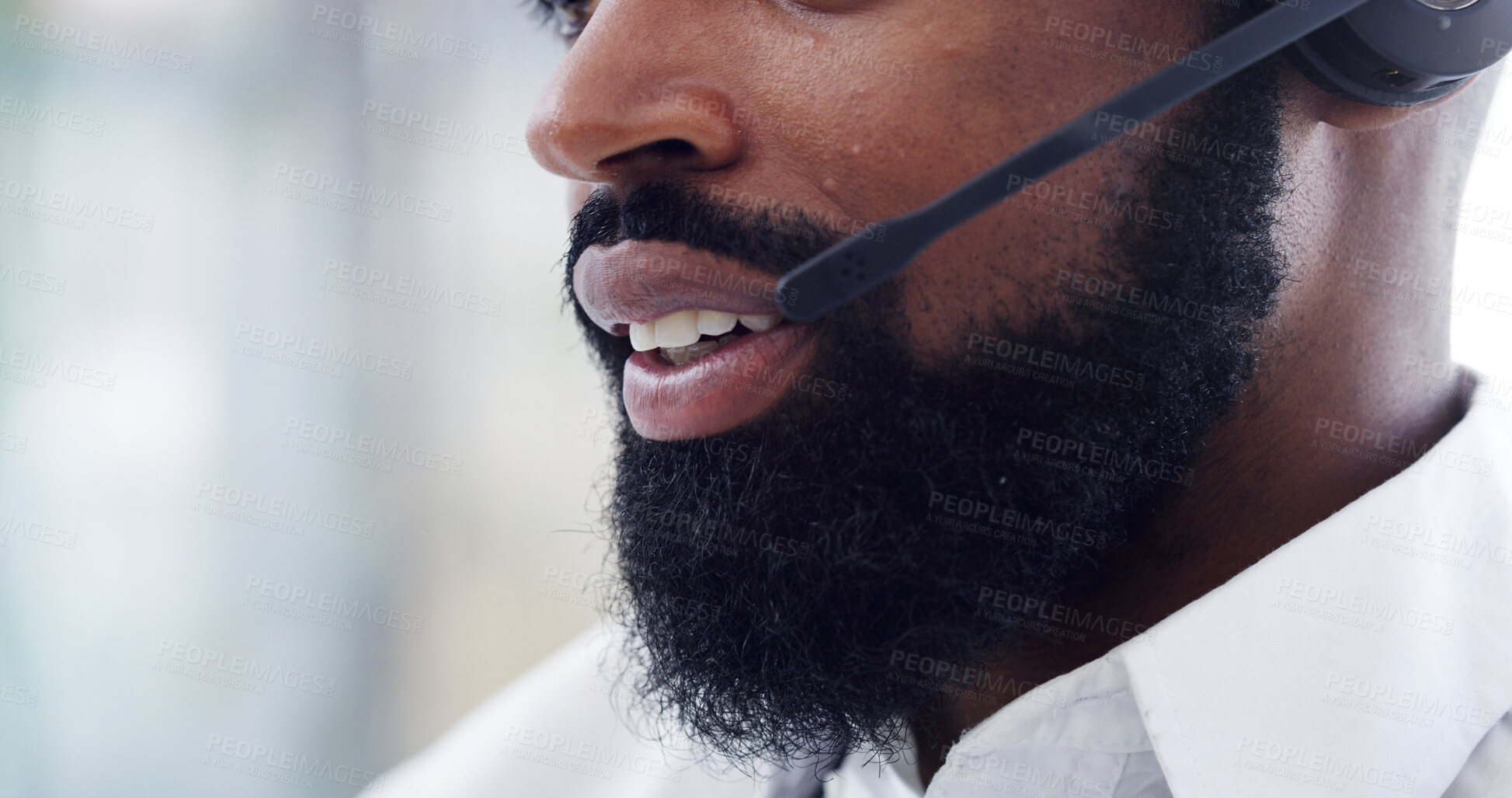 Buy stock photo Lips, telemarketing and black man at call center for feedback, coverage or lead generation. Tech, consultant and mouth of person with headset for outbound communication, telesales or insurance sales