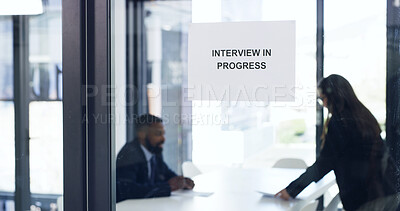 Buy stock photo Glass, notice and people in office for interview, recruitment and meeting with applicant for vacancy. Business, HR and discussion with candidate for onboarding process, job opportunity and hiring