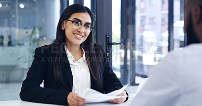 Buy stock photo Interview, smile or woman in agency with paper, CV review or process for onboarding. Meeting, candidate or hr in office with document, resume evaluation or recruitment for career opportunity.