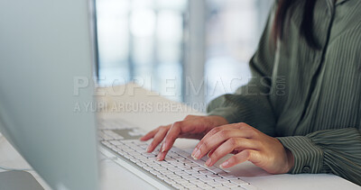 Buy stock photo Hands, typing and employee with keyboard, office and email marketing on web, online and copywriting. Creative, copywriter and person with computer for research, project and article with technology