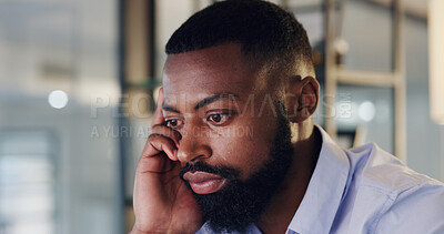 Buy stock photo Stress, fatigue and black man in office at night with burnout or headache for investment deadline. Mistake, exhaustion and African financial advisor with migraine for finance project in workplace.