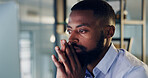 Computer, reading and black man think of business insight, planning budget or problem solving. Thoughts, serious person or accountant with technology for financial review, taxes or decision in office