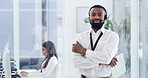 Businessman, portrait and call center with headset, mic or help desk for customer service in office. Coworking, arms crossed and consultant with smile for CRM, communication or virtual assistance