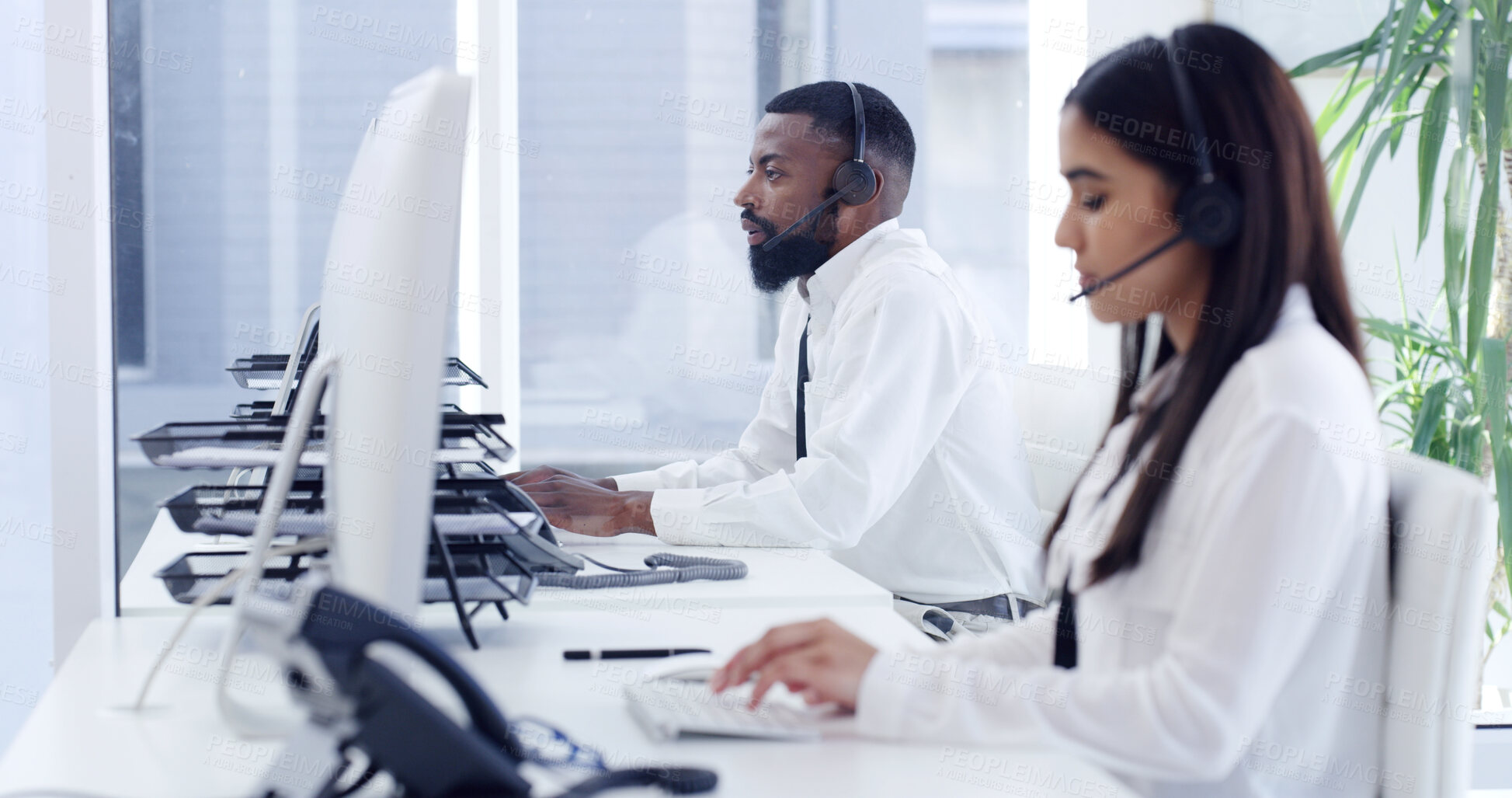 Buy stock photo Telecom, man and people in call center with computer, client support and troubleshooting response. Person, coworking and email in office with pc for customer service, consultant advice and feedback.