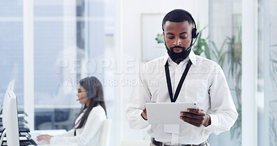 Buy stock photo Tablet, research and businessman in office with headset for online schedule with secretary. Digital technology, mic and male receptionist with appointment booking on website for planning in workplace