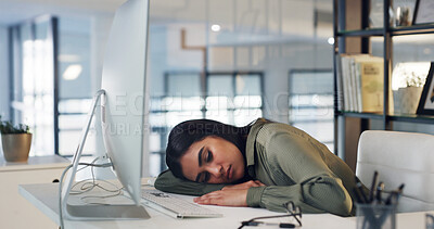 Buy stock photo Tired, woman and sleeping at computer in office for editing burnout, article fatigue or low energy. Tech, journalist and exhausted at publishing agency for journalism workload, overworked and resting