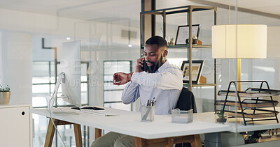 Buy stock photo Phone call, check time and black man in office for appointment, schedule or claims with broker. Mobile, talking and employee with watch for delay, business insurance and feedback for client meeting