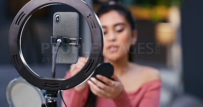 Buy stock photo Ring light, phone and recording with influencer in home for makeup tutorial, video or advice on web show. Smartphone, woman and live stream with cosmetics, beauty and tips with post on social media