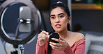 Content creator, makeup or woman with phone for live stream, tutorial or instructions for application tips. Beauty influencer, ring light and recording cosmetics routine for channel, mobile or brush