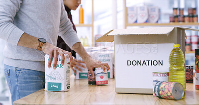 Buy stock photo Grocery, donation and box with hands of person for community service, humanitarian outreach and ngo project. Charity, food and hunger relief aid with volunteer and parcel for non profit organization