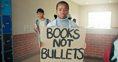 Buy stock photo Portrait, school shooting and boy with sign, protest and education with placard, activism and serious. Gun violence, student or child in hallway, human rights or banner to promote safety or knowledge