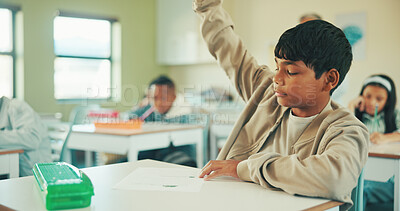 Buy stock photo Quiz, raised hands and question with boy in classroom for student opinion, assessment and attention. Course guidance, help and problem solving solution with children in school for lesson and study