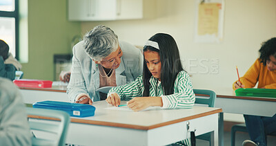 Buy stock photo Help, teacher and quiz with girl in classroom for student opinion, assessment feedback and attention. Course guidance, advice and problem solving solution with children in school for lesson and study