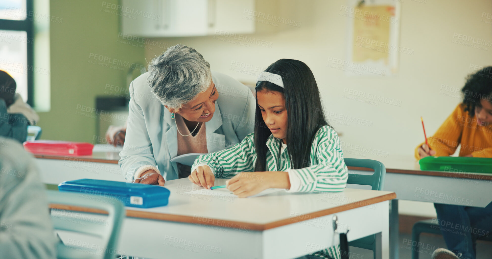 Buy stock photo Help, teacher and quiz with girl in classroom for student opinion, assessment feedback and attention. Course guidance, advice and problem solving solution with children in school for lesson and study