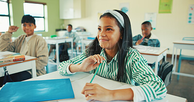 Buy stock photo Happy, education and listening with girl in classroom for lesson, child development and knowledge. Studying, smile and academy with student on school campus for learning, course curriculum and growth