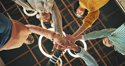 Buy stock photo Hand stack, friends or kids with celebration for teamwork, partnership or education support for learning. Scholarship goal, success or students collaboration for knowledge development, study or below