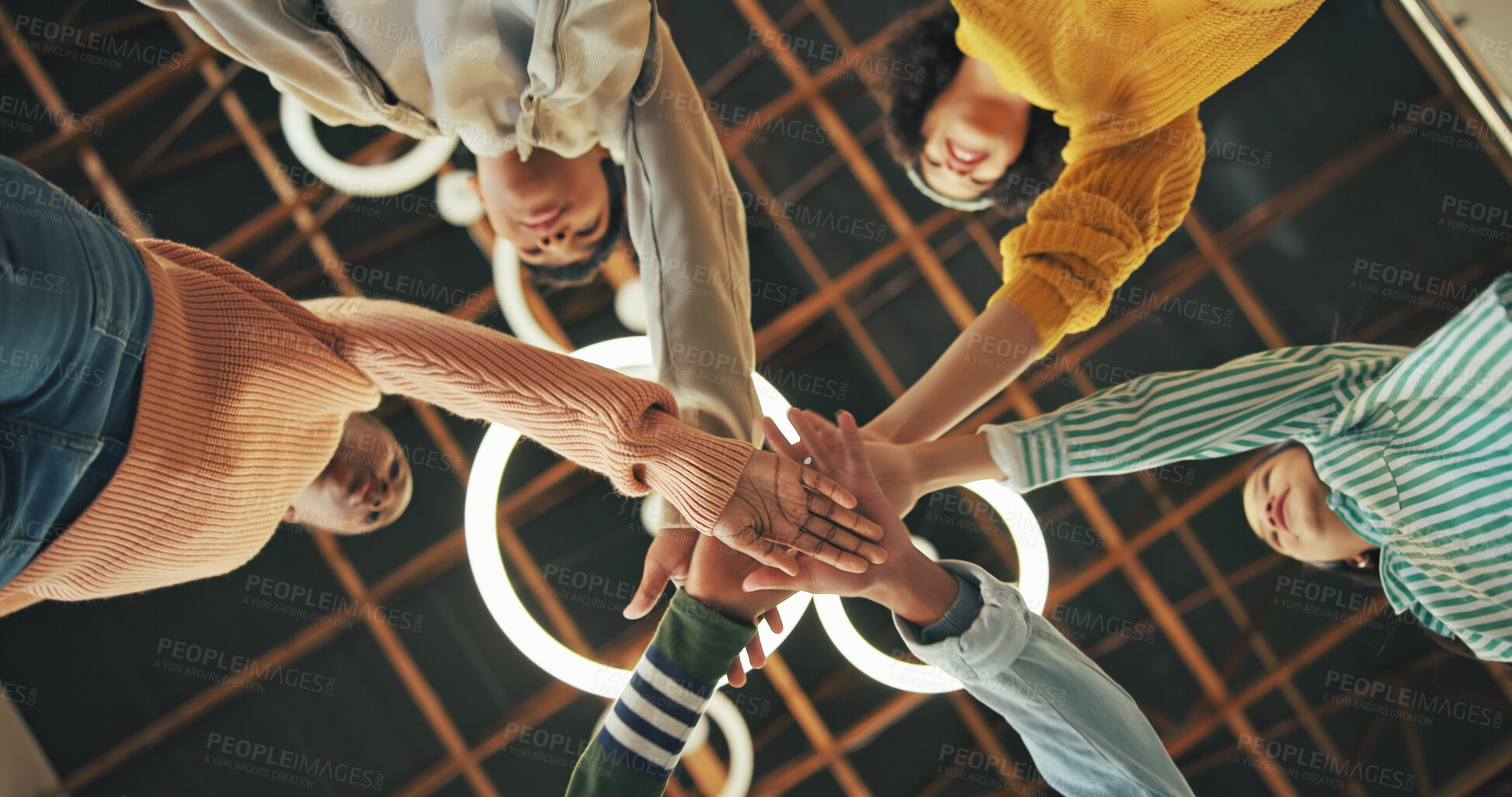 Buy stock photo Hand stack, friends or kids with celebration for teamwork, partnership or education support for learning. Scholarship goal, success or students collaboration for knowledge development, study or below