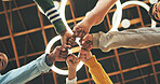 Fist bump, friends or students with celebration for teamwork, partnership or education support for learning. Scholarship goal, success or kids collaboration for knowledge development, study or below