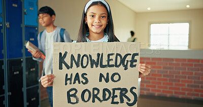 Buy stock photo Portrait, school and girl with banner, protest and education with placard, activism and study. Learning, student and child development in hallway, basic rights and sign with promote equality or smile
