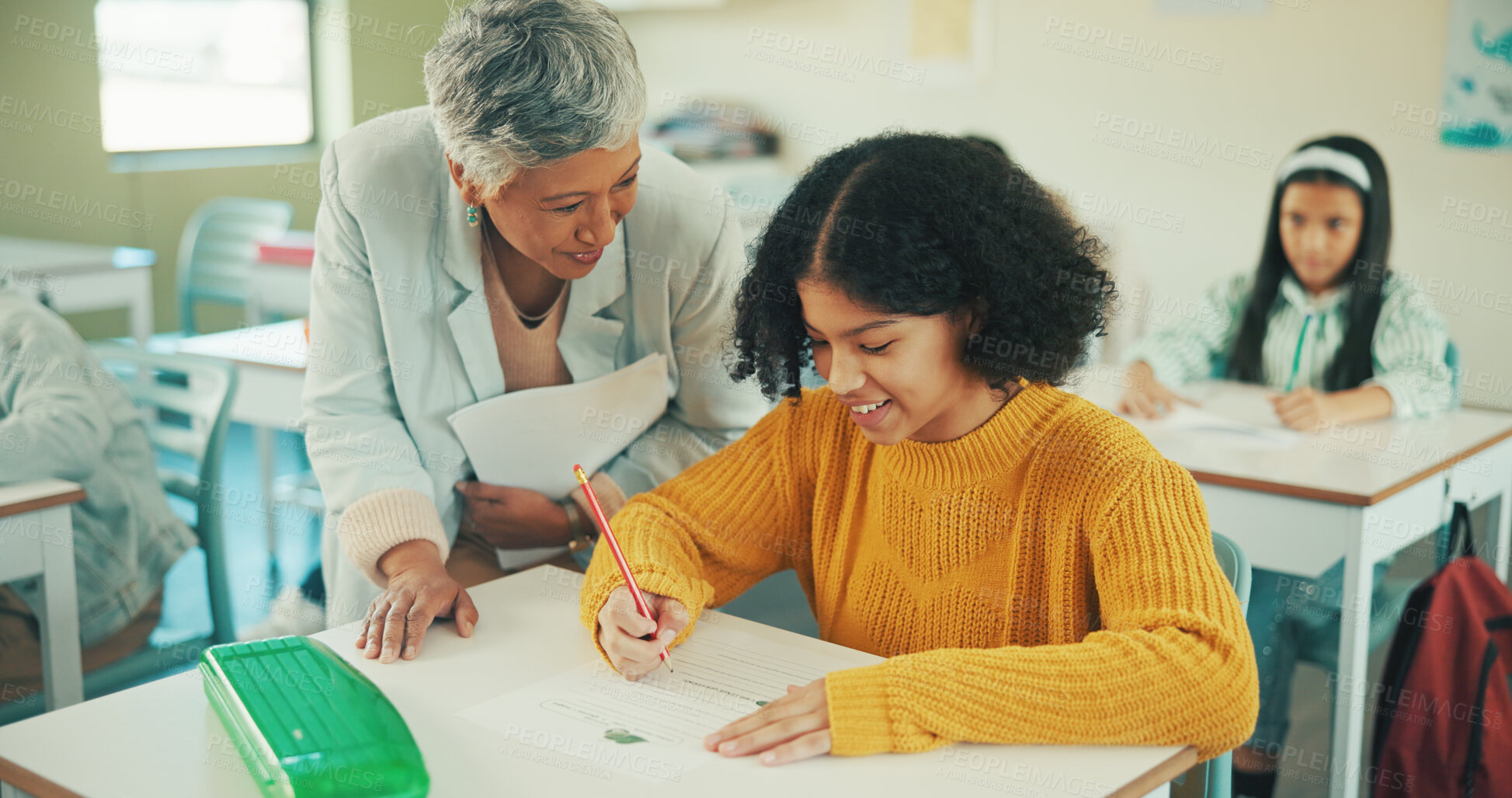 Buy stock photo Writing, teacher and quiz with girl in classroom for student opinion, assessment feedback and attention. Course guidance, help and problem solving solution with children in school for lesson